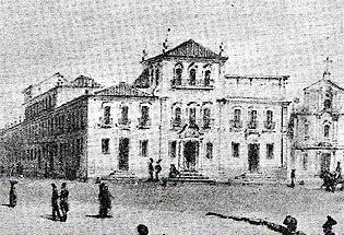 O Paço em desenho de Moreau e Buvelot de 1842 onde já aparece a platibanda de inspiração néo-clássica do lado direito do prédio