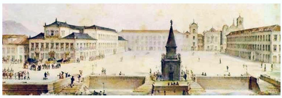 Vista do Largo do Paço (Jean Baptiste Debret, c. 1830). O Paço Imperial é o edifício do lado esquerdo do largo