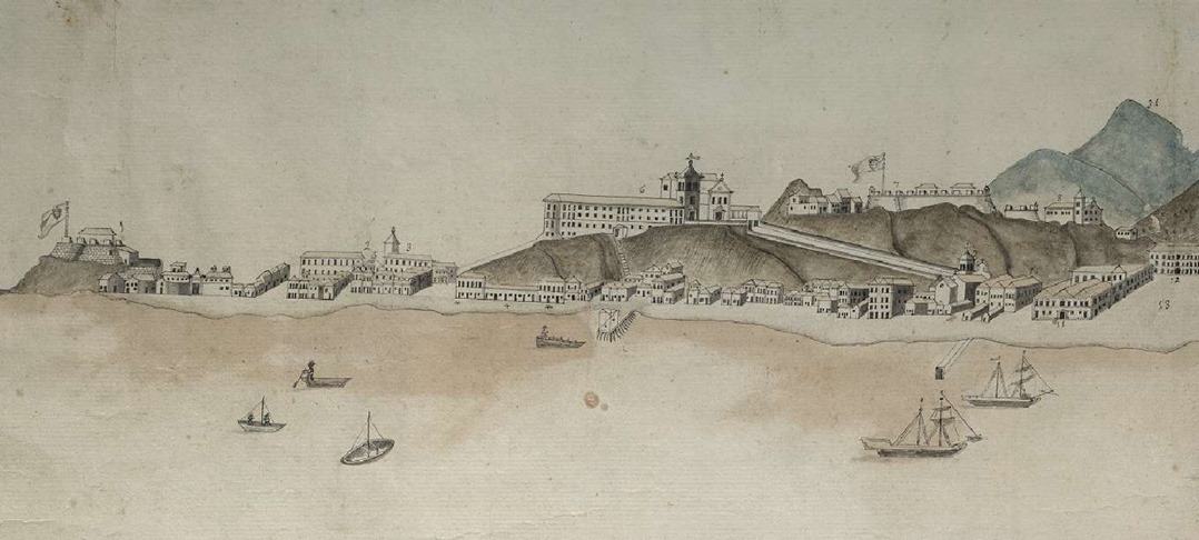 Detalhe do mapa Centro do Rio de Janeiro, Luis dos Santos Vilhena, 1775. 1. Forte de São Tiago (atualmente parte do Museu Histórico Nacional), na extrema esquerda do mapa; 2. Santa Casa de Misericórdia (Rua Santa Luzia); 3. Igreja de Nossa senhora do Bonsucesso (da Misericórdia); 6. Igreja de Santo Inácio e Colégio dos Jesuítas (Observe saindo à sua direita a ladeira do Colégio); 7. Fortaleza de São Sebastião; 8. Convento de Santa Teresa; 9. Igreja de São José; 11. Palácio dos Governadores (Paço Imperial); 12. Convento do armo (extrema direita da foto); 13. Praça XV de Novembro