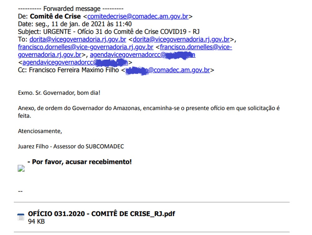 Amazonas pede oxigênio ao RJ, mas e-mail é enviado para endereço errado -  Diário do Rio de Janeiro