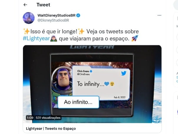 Com lançamento de Lightyear, Disney, Pixar e Twitter se unem para levar Tweets de fãs ao espaço